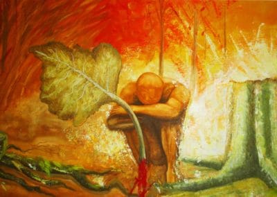 Pintura de Hombre agachado mirando abajo. Enfrente del homre hay una joja enrorme.. Al lado del hombre hay un arbol cortado y atras del hombre hay llamas