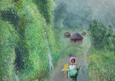 Pintura de mujer Nahua caminando por un camino cerca de una montaña. De la montaña salen dos manantiales.