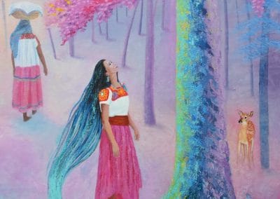 Pintura de arbol con hojas rosas a la derecha. Hay una mujer en el centro viendo hacia el arbol hacia arriba. A la distancia una mujer cargando pan en la cabeza