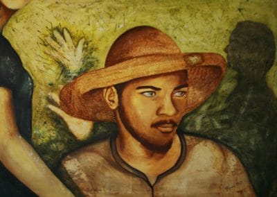 Pintura de un hombre portando sombrero de paja y camisa de algodon crema. Atrs del hombre a su izquierda hay una sobra y a su derecha aparecen dos manos