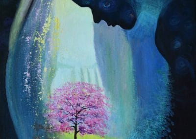 Pintura de arbol con hojar rosas. A la derecha y arriba una silueta viendo al arbol en el centro