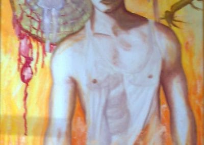 Pintura he un hombre sin camisa con un semblante de ira