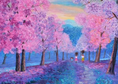 Pinturas de dos mujeres leñadoras. Las mujeres estan a la distancia