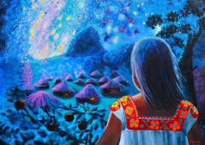 Pintura de muchacha con vestido floreado viendo lluvia de estrella. Colores azules morados y aqua