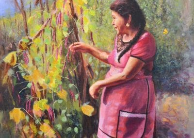 Pintura de madre cosechando frijoles. La mujer esta usando un vestido rosa