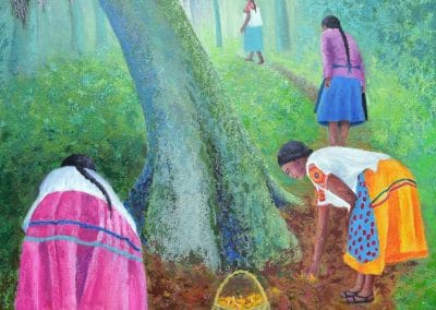 Pintura de cuatro mujeres indijenas recolencando hongos en el bosque