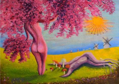 Pintura nahua donde aparece una mujer en forma de arbol rosa. Bejo la sobra del arbol esta un cuerpo de hombre color gris y sin cabeza